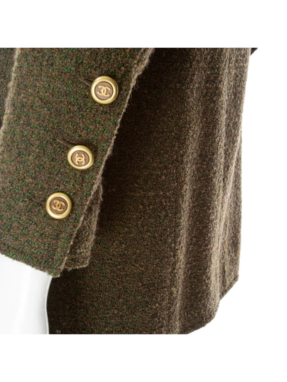 Chanel Vintage Green Tweed CC Button Jacket Fall 1994 FR 36