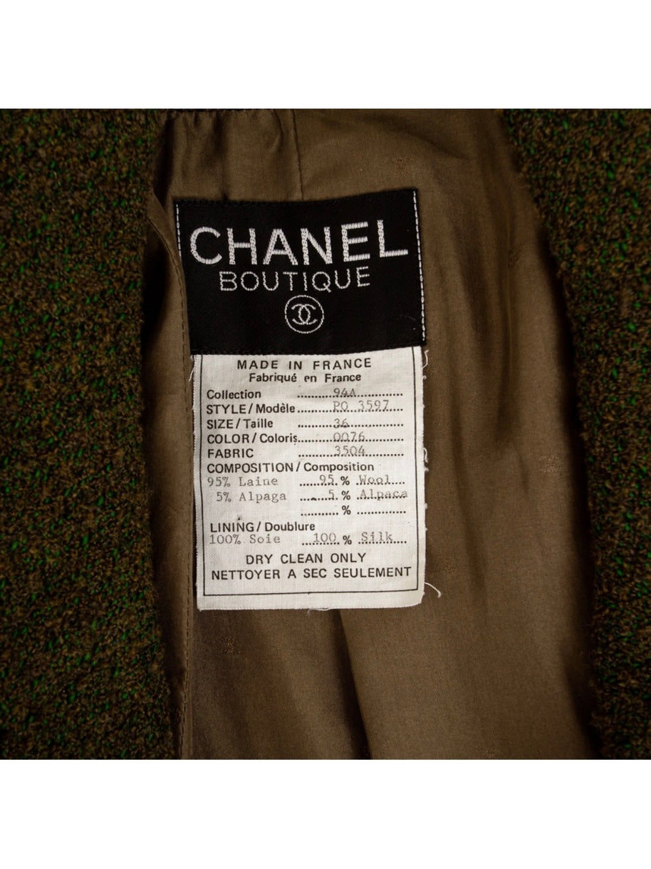 Chanel Vintage Green Tweed CC Button Jacket Fall 1994 FR 36