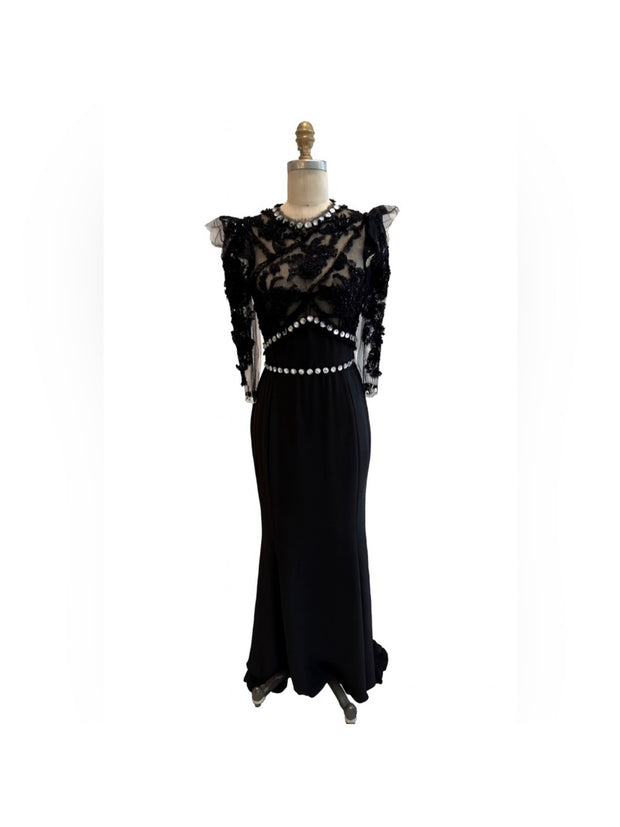 Dolce & Gabbana FW 2010 Runway Black Embroidered Evening Gown w/ Crystal Trim IT 38