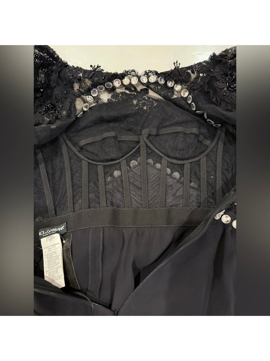 Dolce & Gabbana FW 2010 Runway Black Embroidered Evening Gown w/ Crystal Trim IT 38