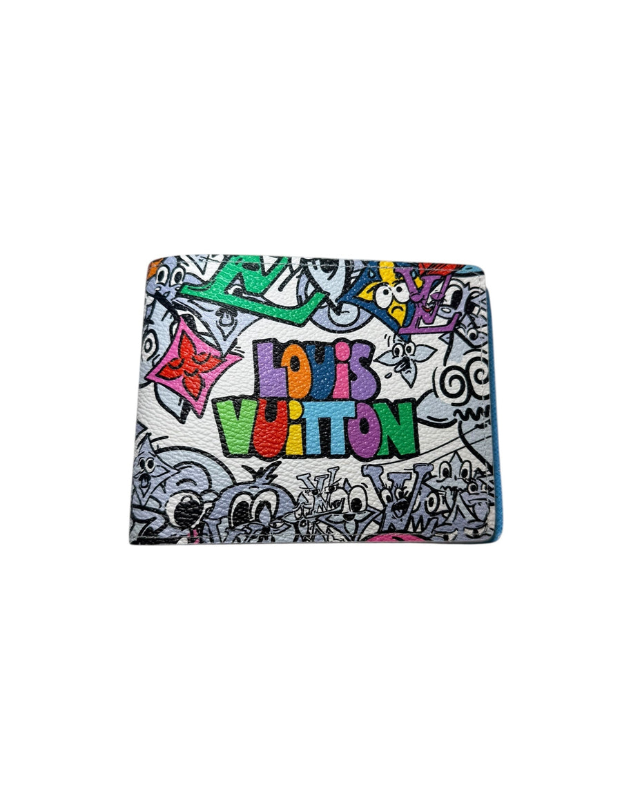 Front view of Louis Vuitton SS23 Comics Multiple Wallet showing multicolor LV logo and cartoon graphic print.