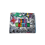 Front view of Louis Vuitton SS23 Comics Multiple Wallet showing multicolor LV logo and cartoon graphic print.