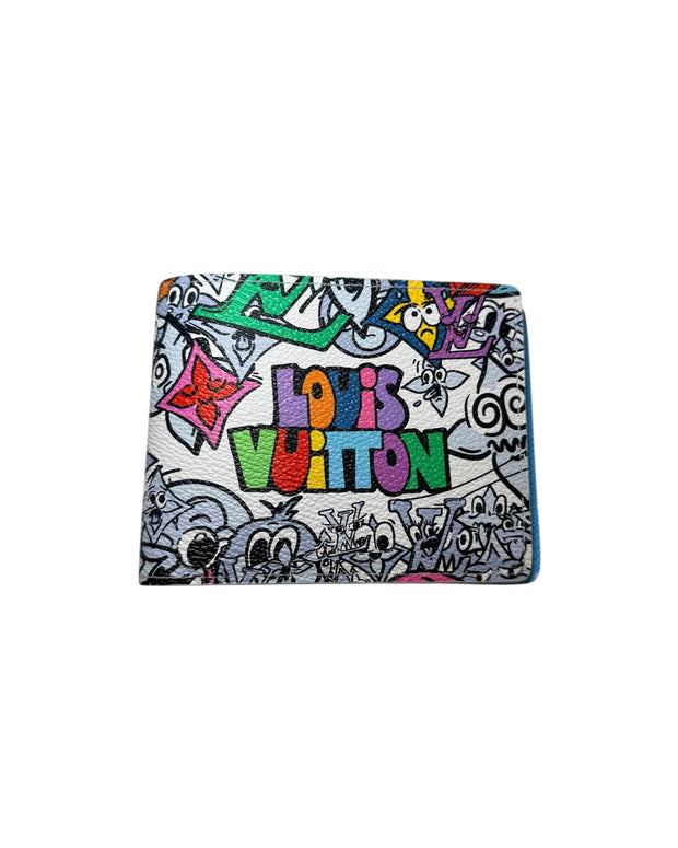 Front view of Louis Vuitton SS23 Comics Multiple Wallet showing multicolor LV logo and cartoon graphic print.