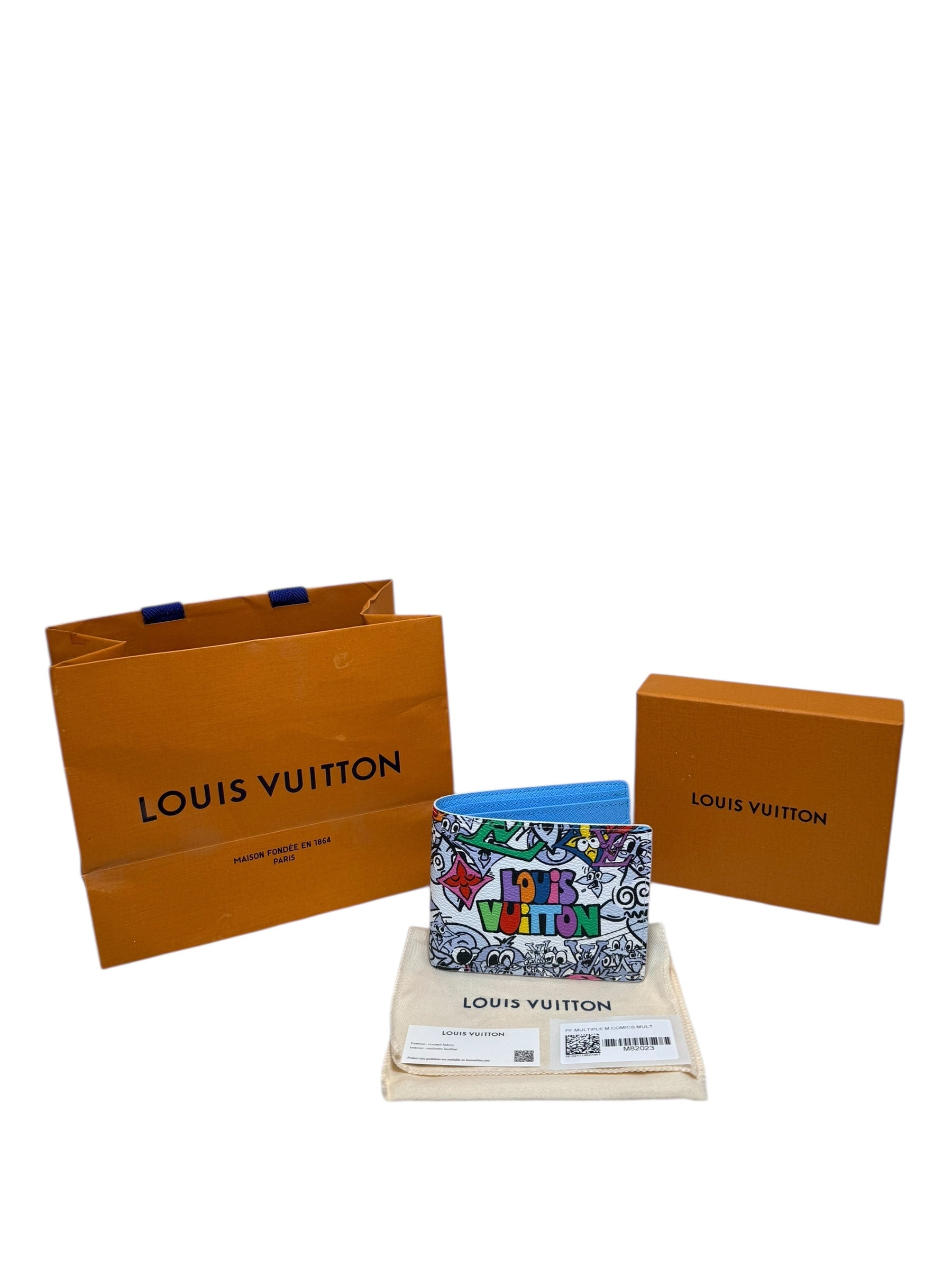 Louis Vuitton SS23 Comics Wallet shown with box dust bag shopping bag and tags included full packaging set.