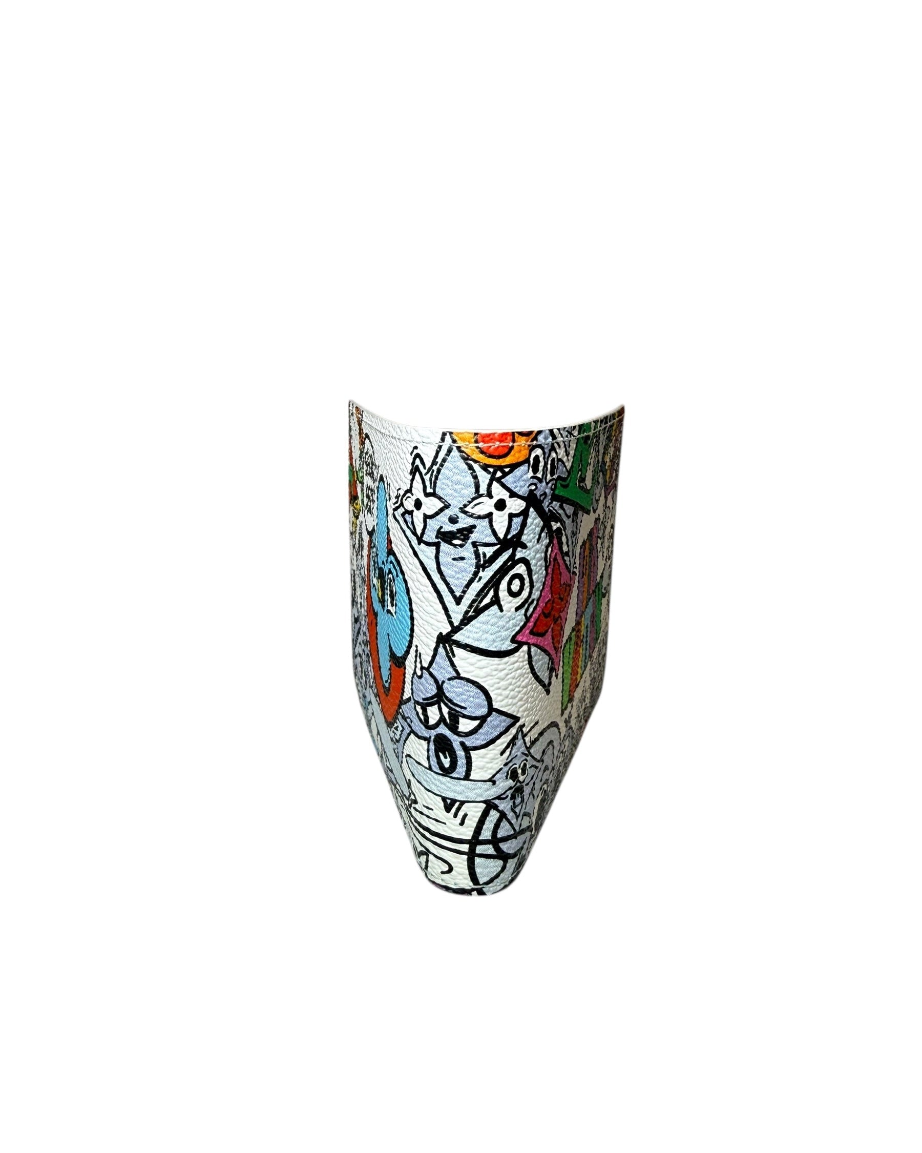 Side angle of Louis Vuitton SS23 Comics Wallet showing wraparound multicolor cartoon print on coated canvas.