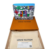 Louis Vuitton SS23 Comics Wallet shown with open box dust bag and care card included full set packaging.