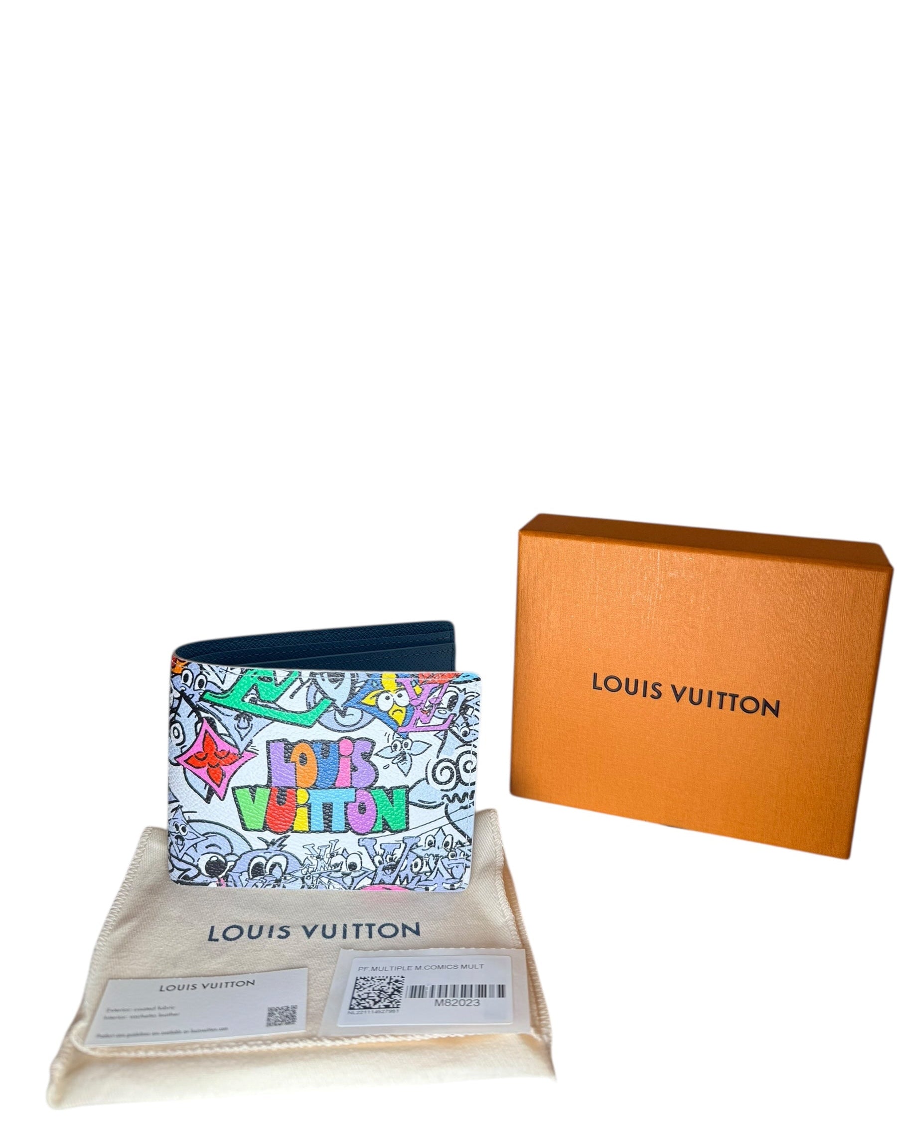 Louis Vuitton SS23 Comics Multiple Wallet displayed with box dust bag and tags in excellent condition.