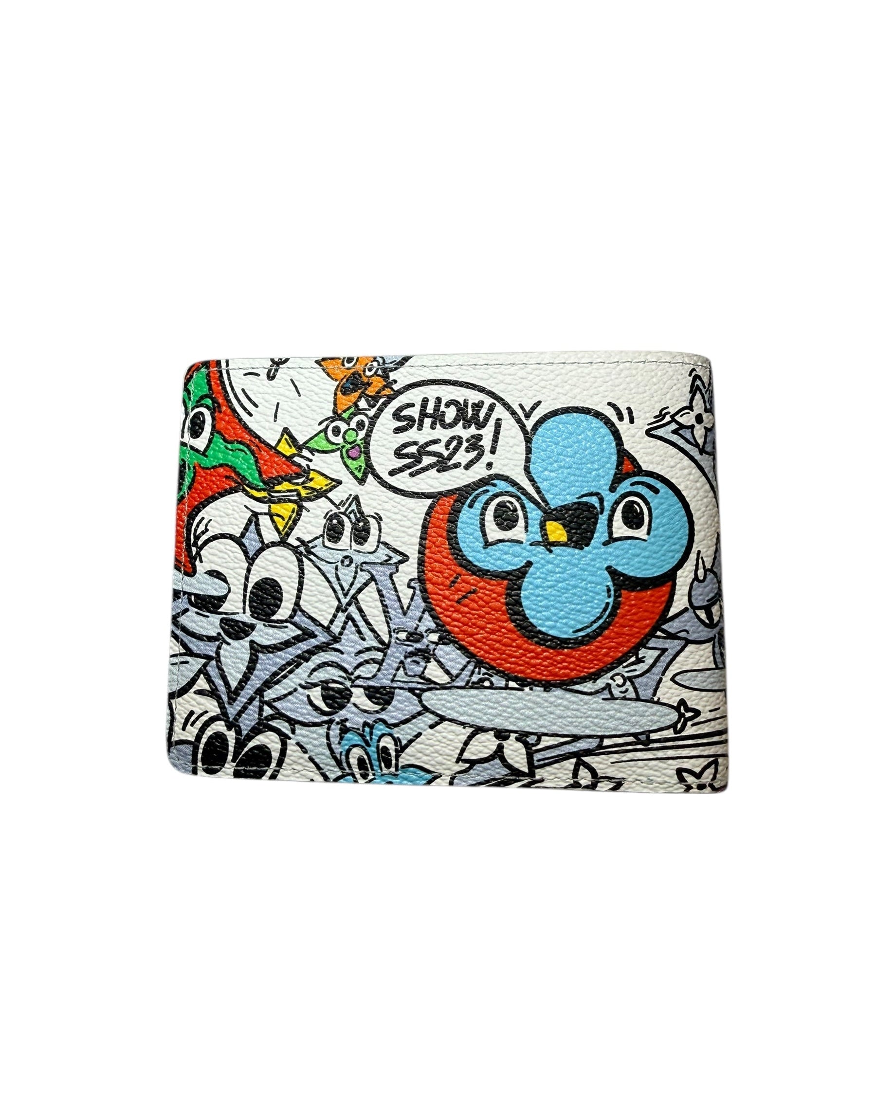 Back view of Louis Vuitton Comics Wallet featuring cartoon characters and Show SS23 speech bubble design.