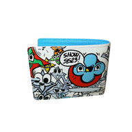 Back side of Louis Vuitton Comics Wallet highlighting multicolor cartoon LV characters and graphic details.