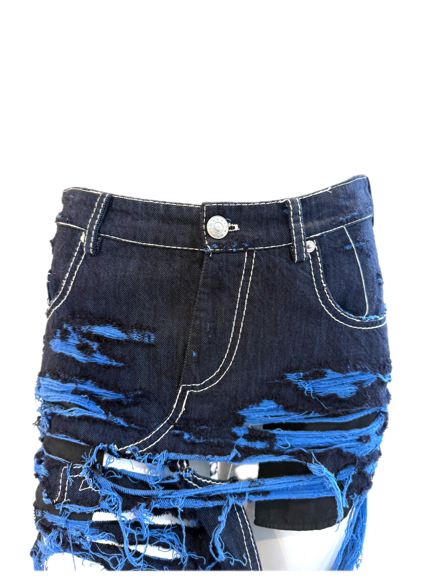 Marni Distressed denim skirt with dark blue and royal blue color scheme up close waist on a white background