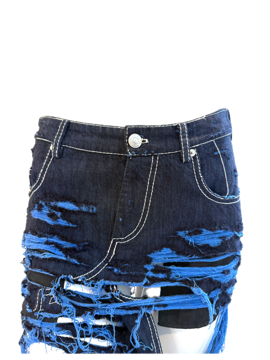 Marni Distressed denim skirt with dark blue and royal blue color scheme up close waist on a white background