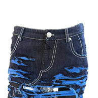 Marni Distressed denim skirt with dark blue and royal blue color scheme up close waist on a white background