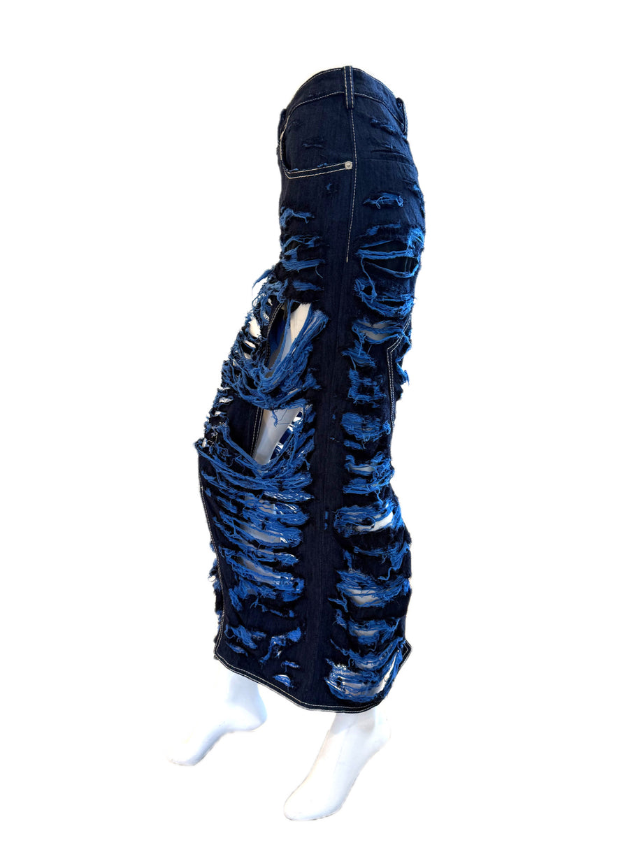 Marni blue distressed denim skirt left side view up close on a mannequin against a white background