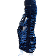 Marni blue distressed denim skirt left side view up close on a mannequin against a white background