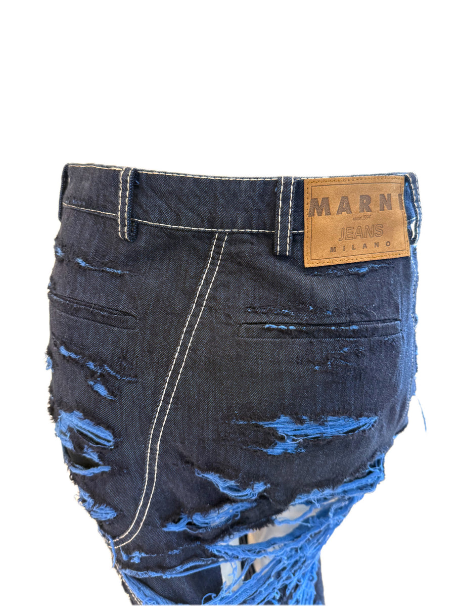 Distressed blue denim skirt with an up close view of waistline and Marni label on a white background