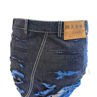 Distressed blue denim skirt with an up close view of waistline and Marni label on a white background