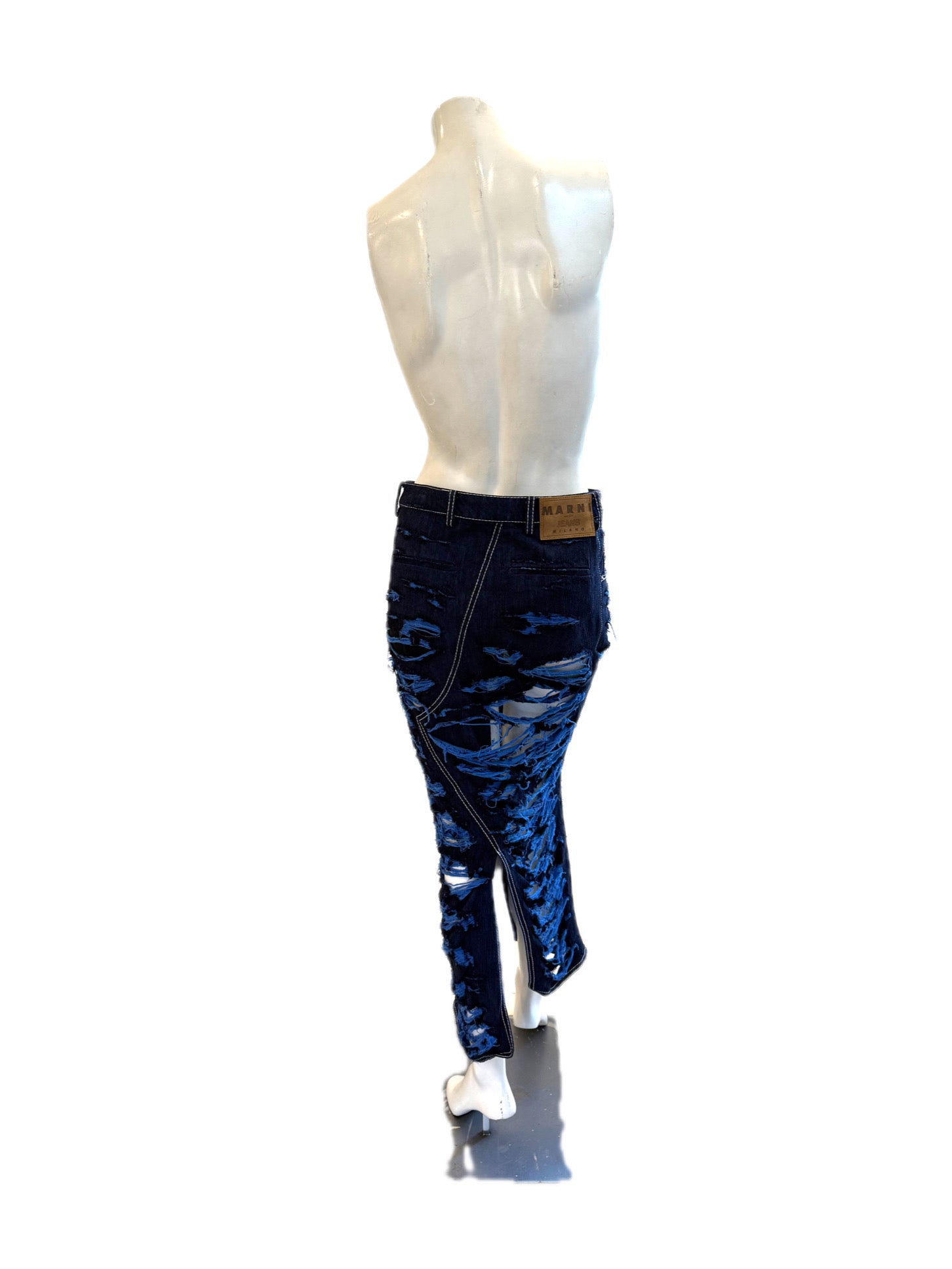 Mannequin wearing Marni blue denim distressed skirt on a white background