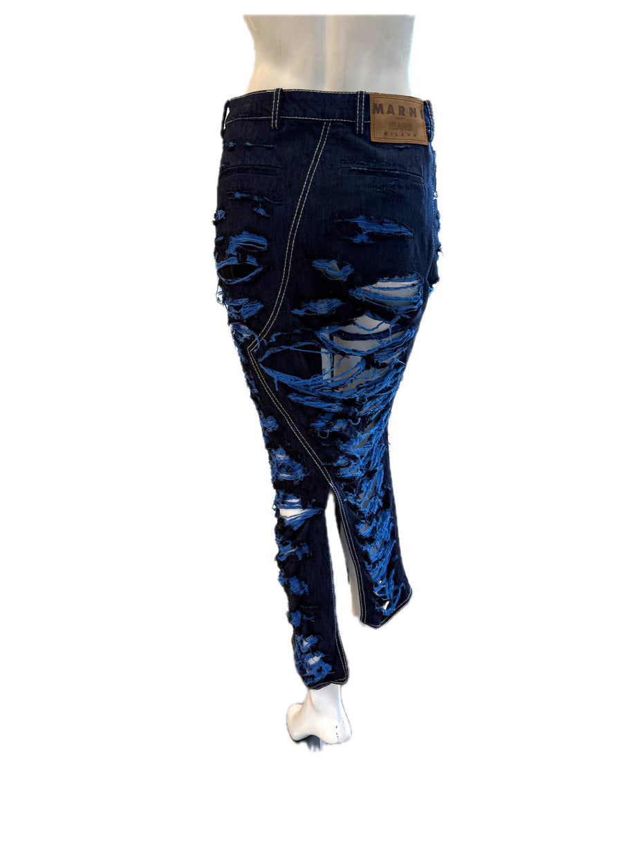 Marni Blue distressed denim skirt back view on a mannequin against a white background