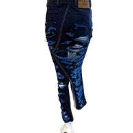 Marni Blue distressed denim skirt back view on a mannequin against a white background