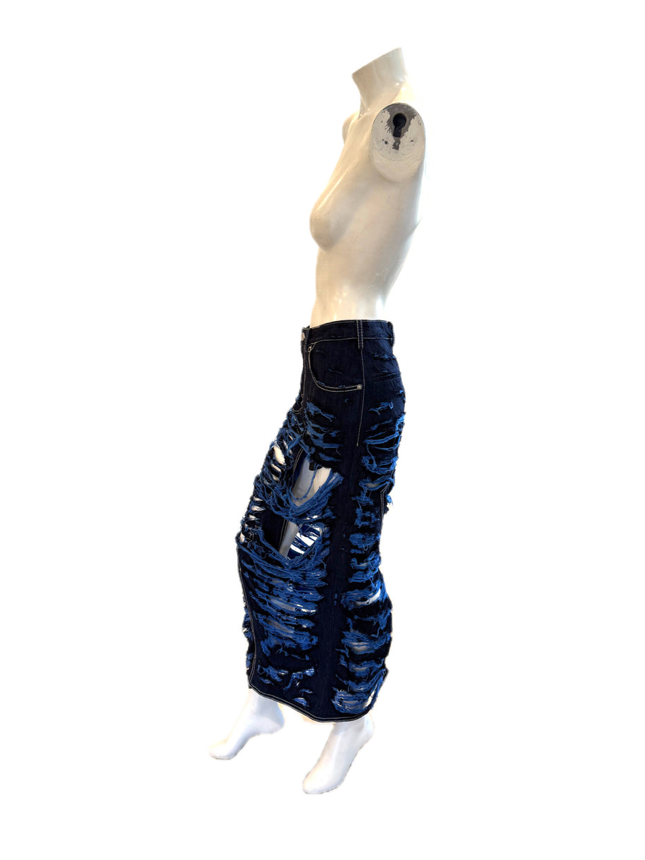Mannequin wearing a Marni blue distressed denim skirt left side view on a white background