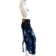 Mannequin wearing a Marni distressed blue denim skirt on a white background
