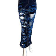 Marni Distressed blue jeans skirt on a mannequin against a white background