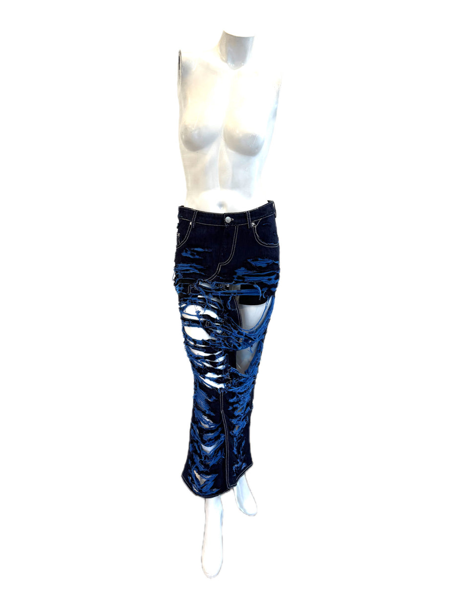 Marni deep and royal blue distressed denim skirt on a mannequin against a white background