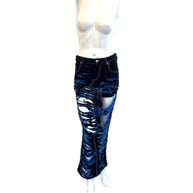 Marni deep and royal blue distressed denim skirt on a mannequin against a white background