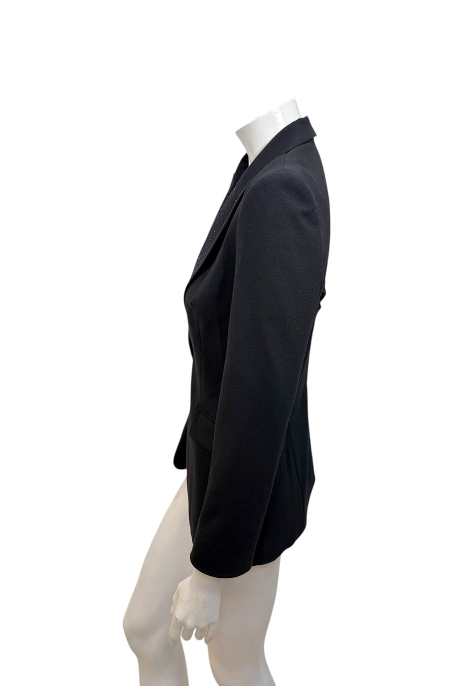 Side profile of vintage Moschino Jeans black tailored blazer showing slim silhouette and long sleeves
