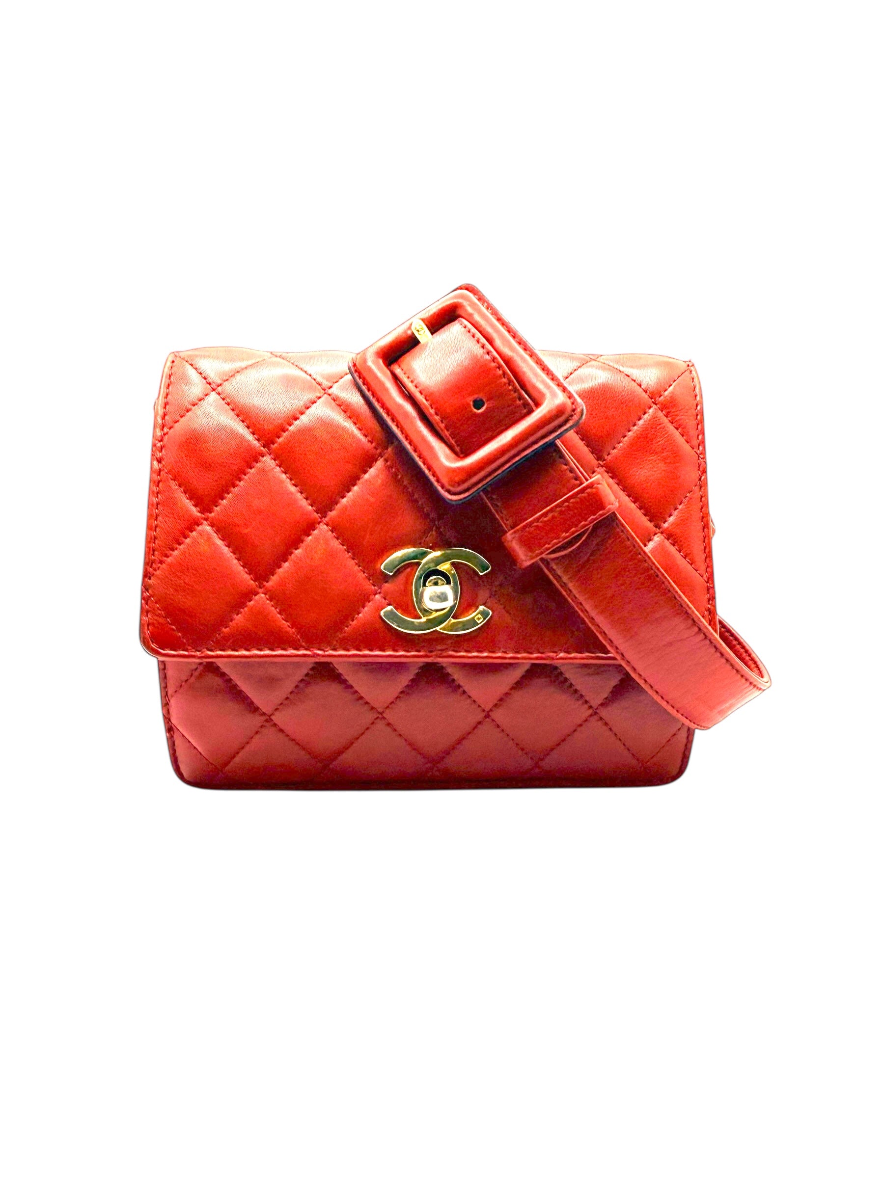 Chanel Vintage Red Quilted Lambskin Belt Bag Karl Lagerfeld Era Gold CC