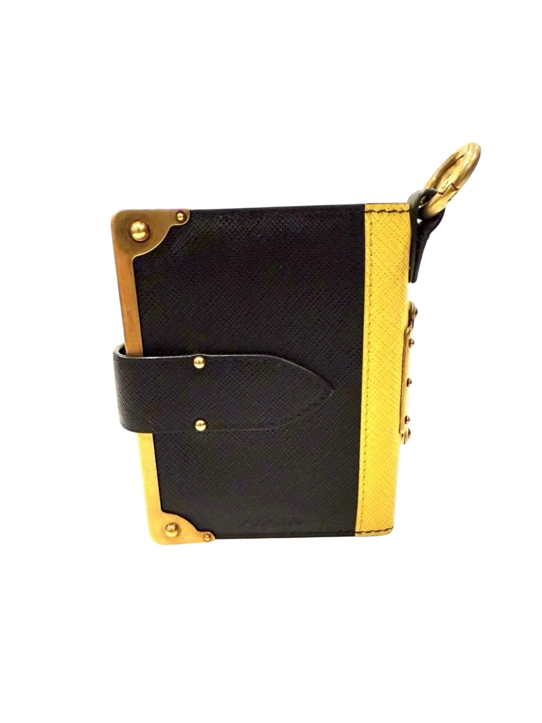 Prada Saffiano Black/Yellow Leather Trunk Style Notebook With Gold-Tone Hardware