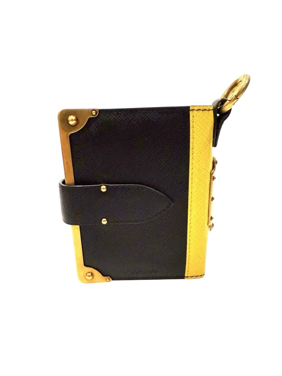 Prada Saffiano Black/Yellow Leather Trunk Style Notebook With Gold-Tone Hardware
