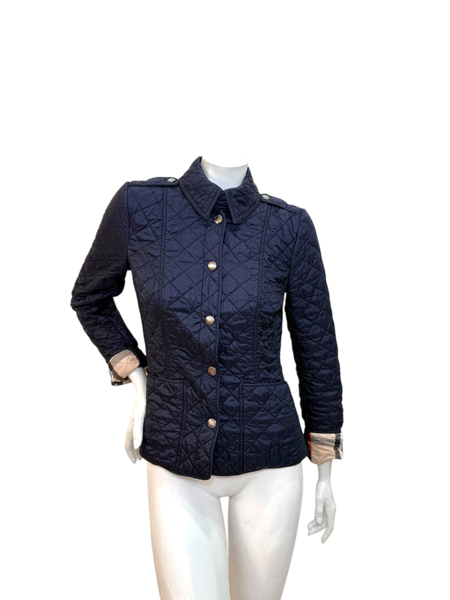 Burberry Brit Navy Quilted Jacket with Check Lining – Women’s Size Small