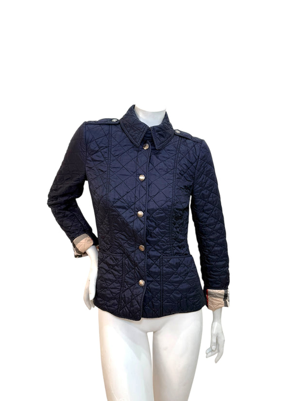 Burberry Brit Navy Quilted Jacket with Check Lining – Women’s Size Small