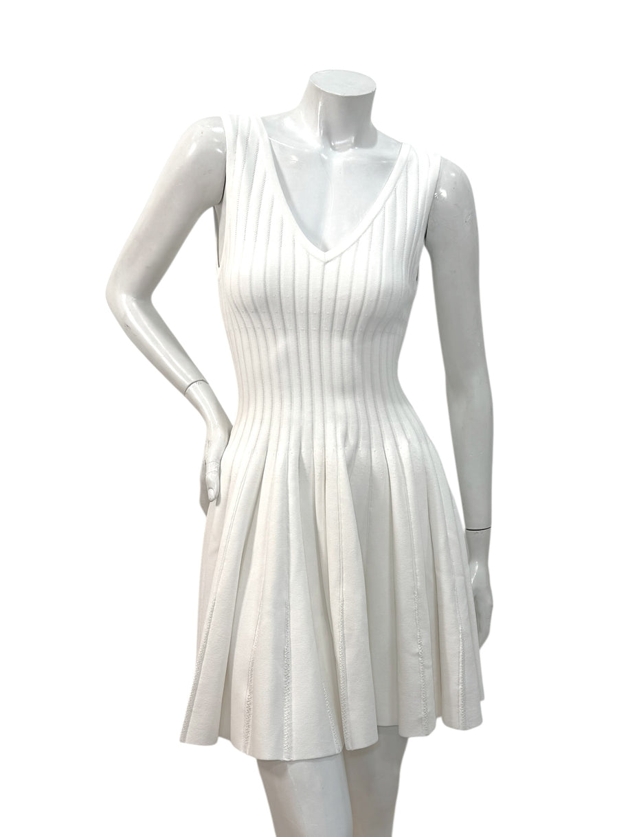 Alaïa White Ribbed Knit Fit & Flare Skater Dress SS19 Size 38