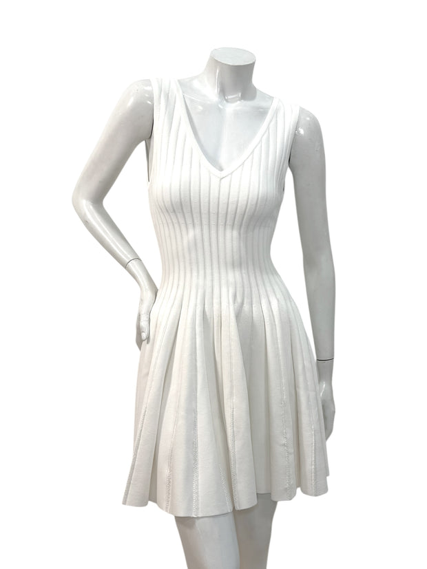 Alaïa White Ribbed Knit Fit & Flare Skater Dress SS19 Size 38