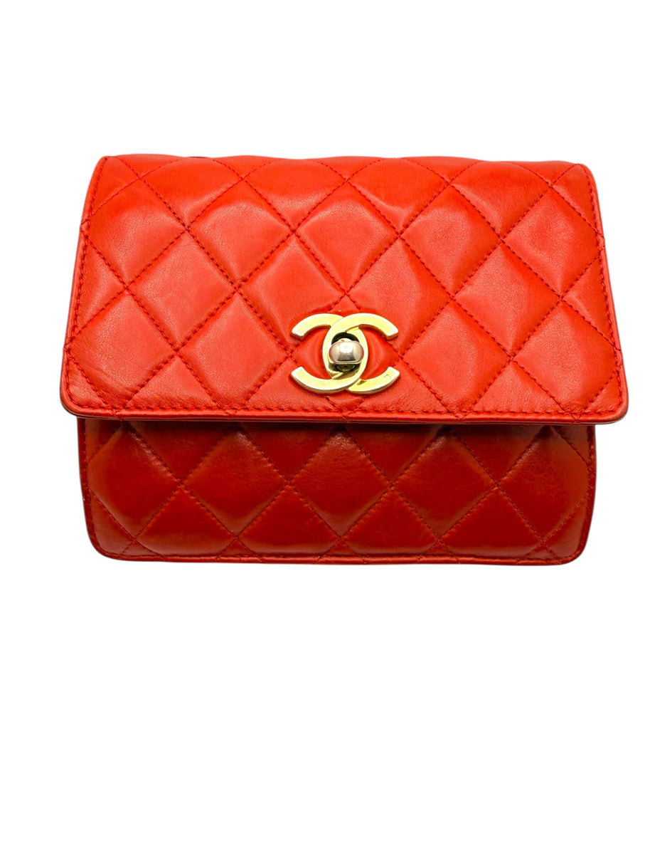 Chanel Vintage Red Quilted Lambskin Belt Bag Karl Lagerfeld Era Gold CC