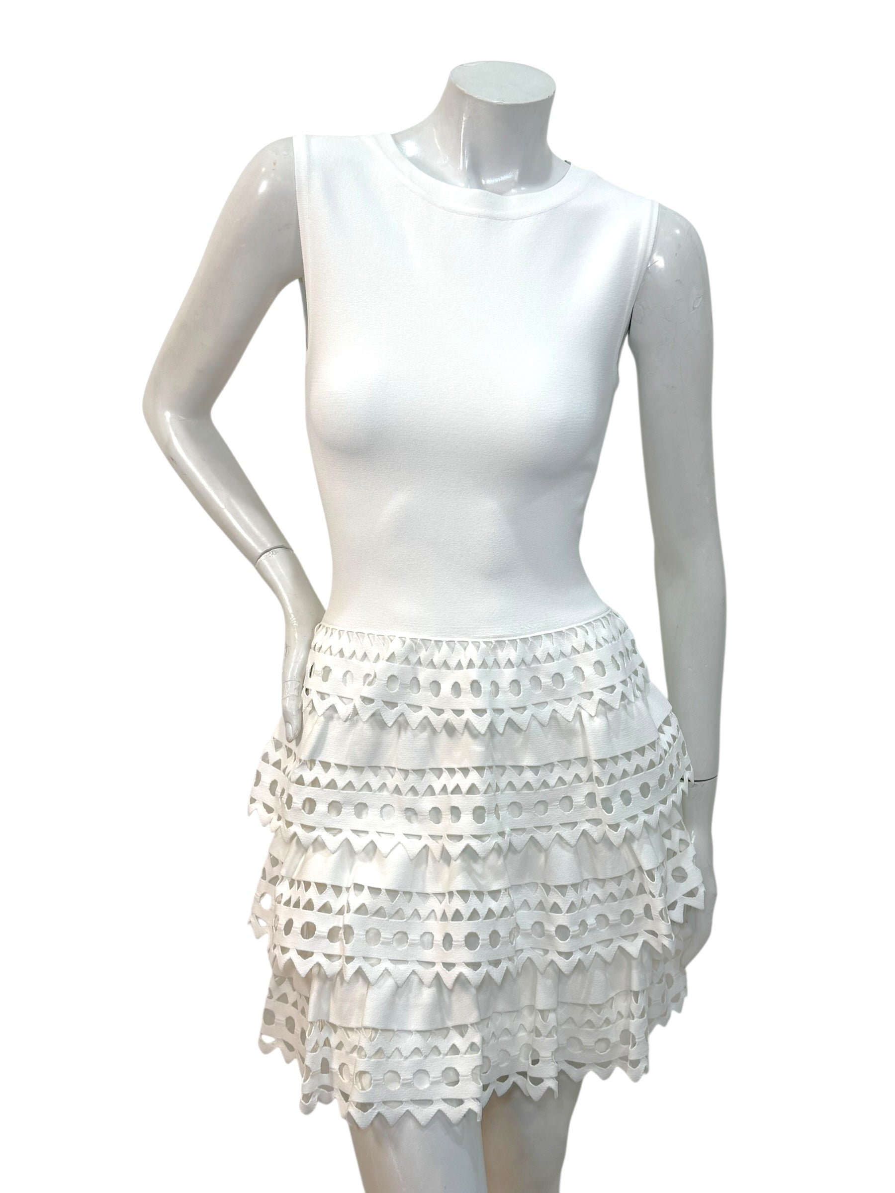 Alaïa Paris White Laser-Cut Ruffle Mini Dress FR 38 | Made in Italy
