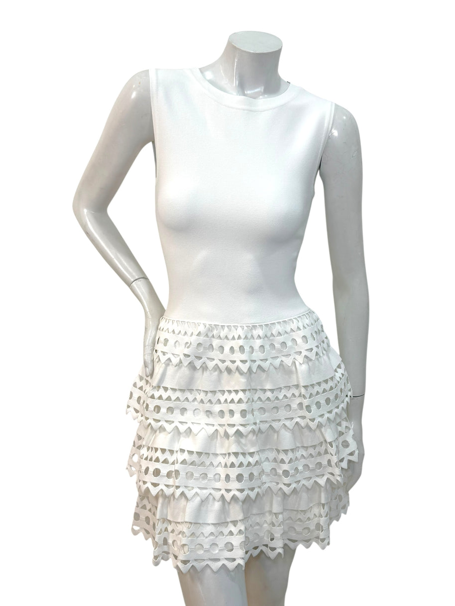 Alaïa Paris White Laser-Cut Ruffle Mini Dress FR 38 | Made in Italy