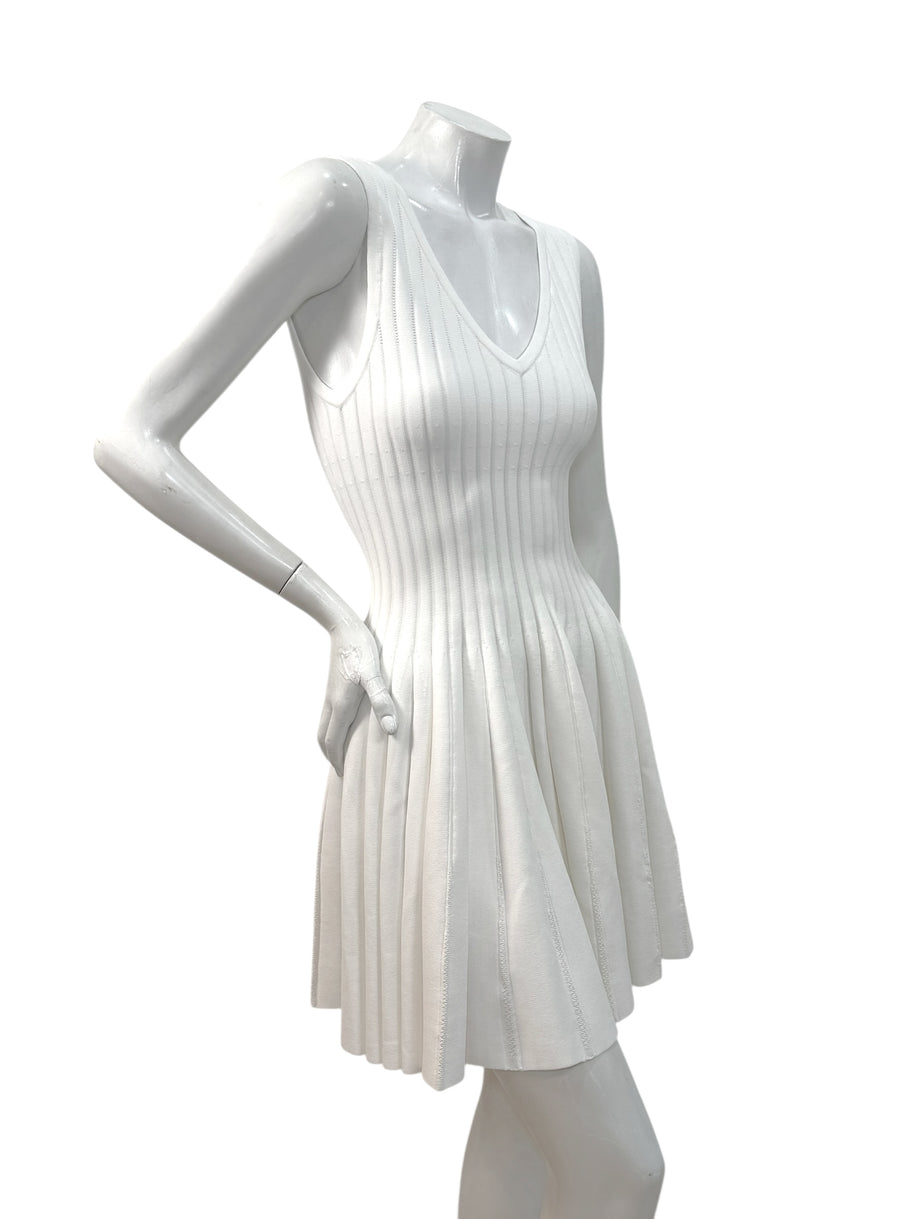Alaïa White Ribbed Knit Fit & Flare Skater Dress SS19 Size 38