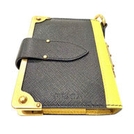 Prada Saffiano Black/Yellow Leather Trunk Style Notebook With Gold-Tone Hardware