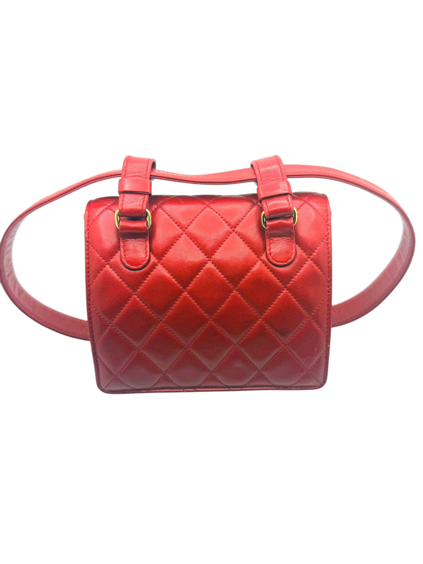 Chanel Vintage Red Quilted Lambskin Belt Bag Karl Lagerfeld Era Gold CC