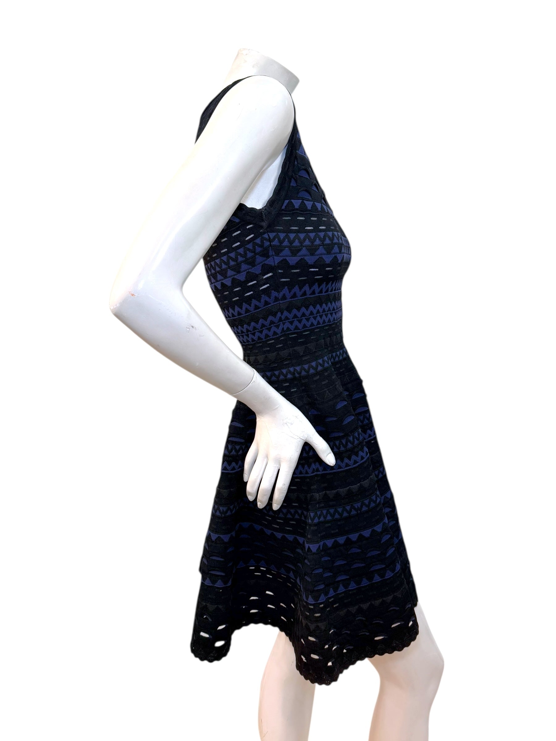 Alaïa Geometric Knit Fit-and-Flare Dress Black Indigo FR 38 Made in Italy