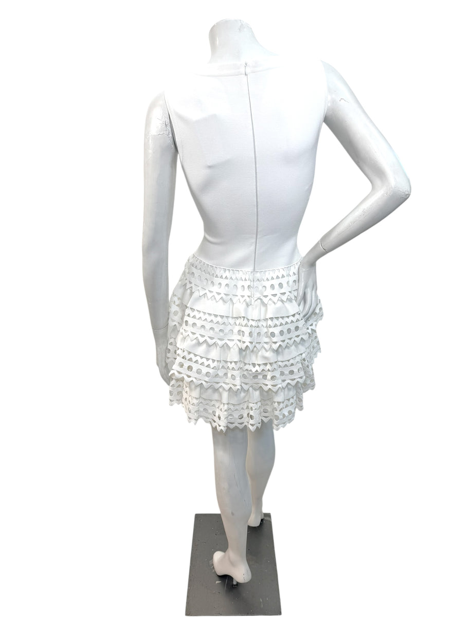 Alaïa Paris White Laser-Cut Ruffle Mini Dress FR 38 | Made in Italy