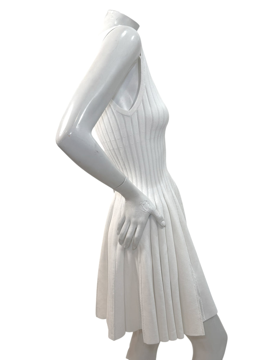 Alaïa White Ribbed Knit Fit & Flare Skater Dress SS19 Size 38
