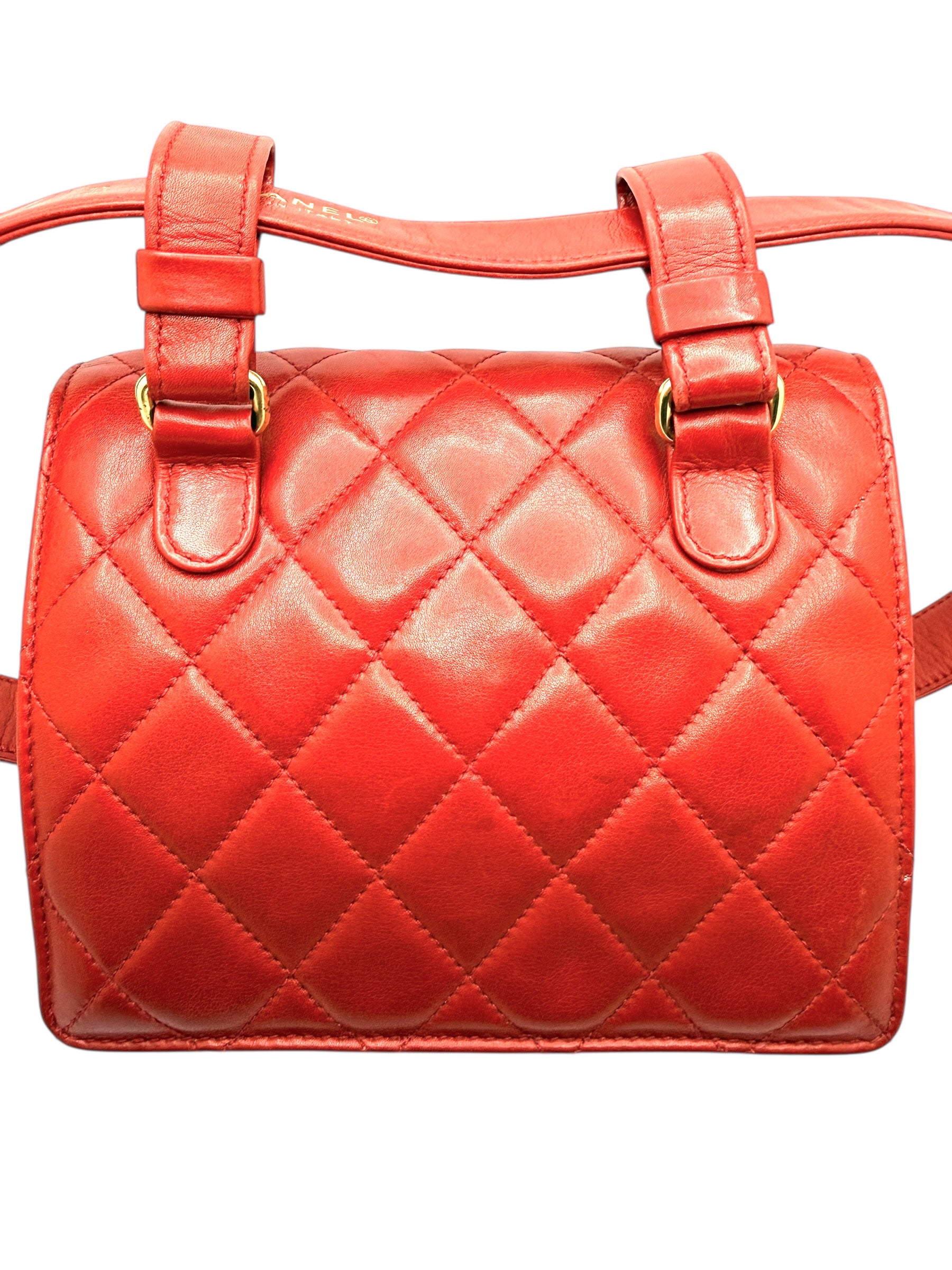 Chanel Vintage Red Quilted Lambskin Belt Bag Karl Lagerfeld Era Gold CC