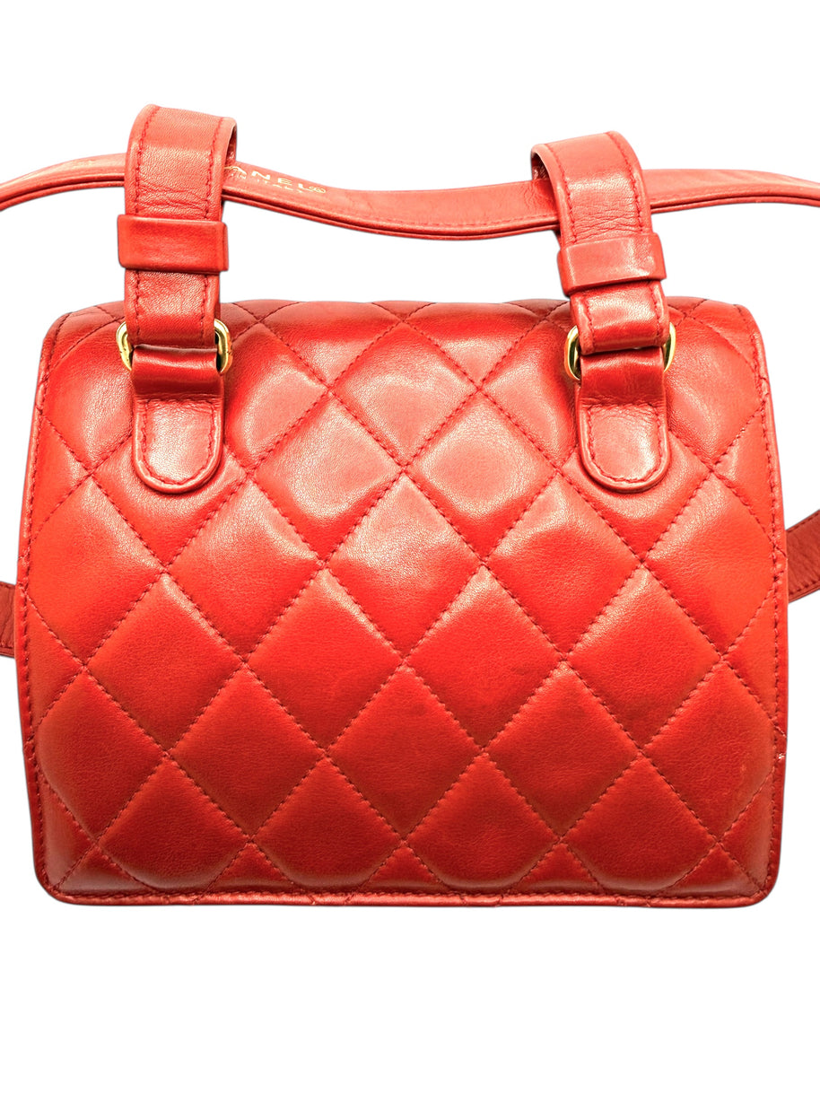 Chanel Vintage Red Quilted Lambskin Belt Bag Karl Lagerfeld Era Gold CC