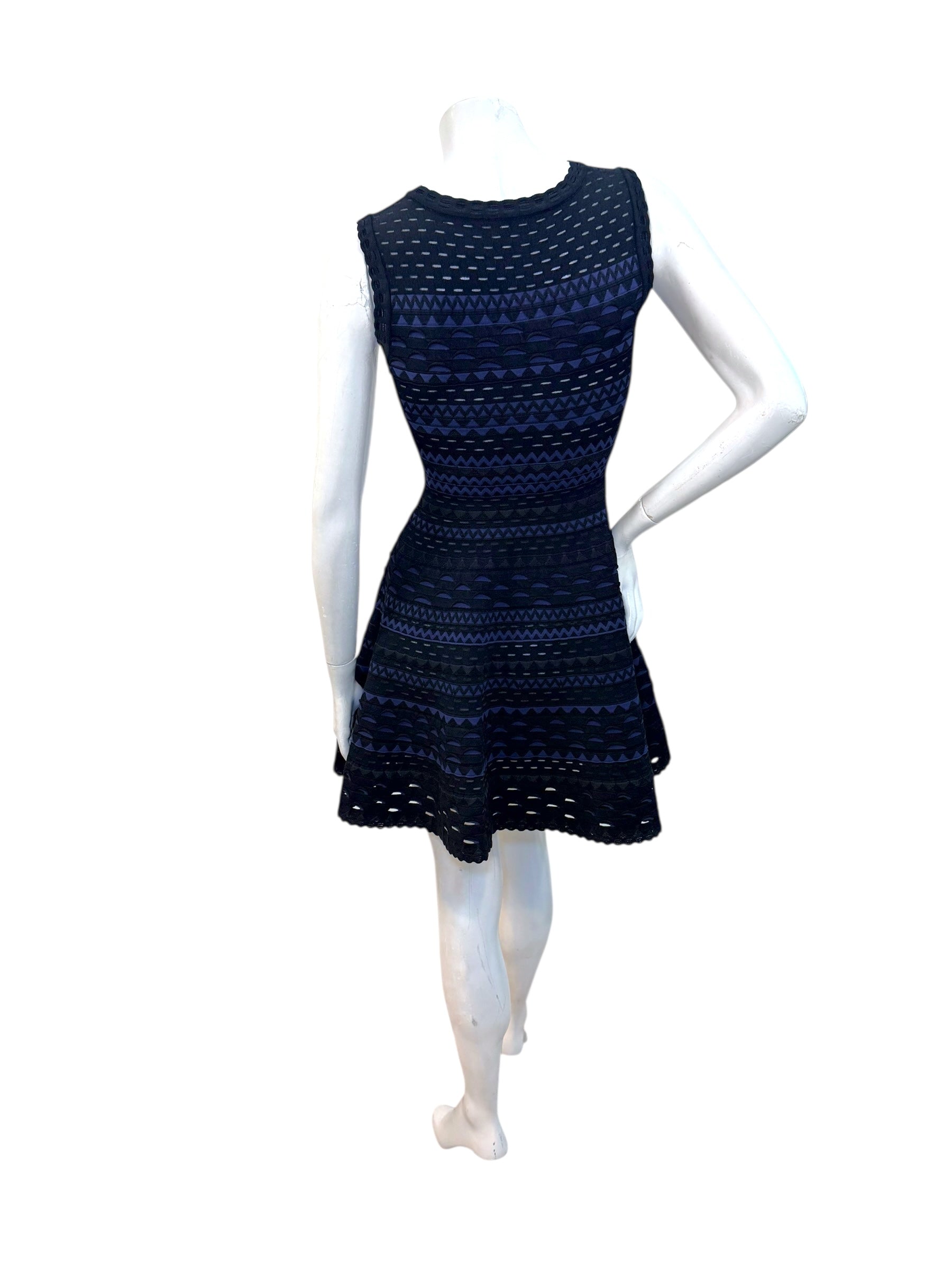 Alaïa Geometric Knit Fit-and-Flare Dress Black Indigo FR 38 Made in Italy