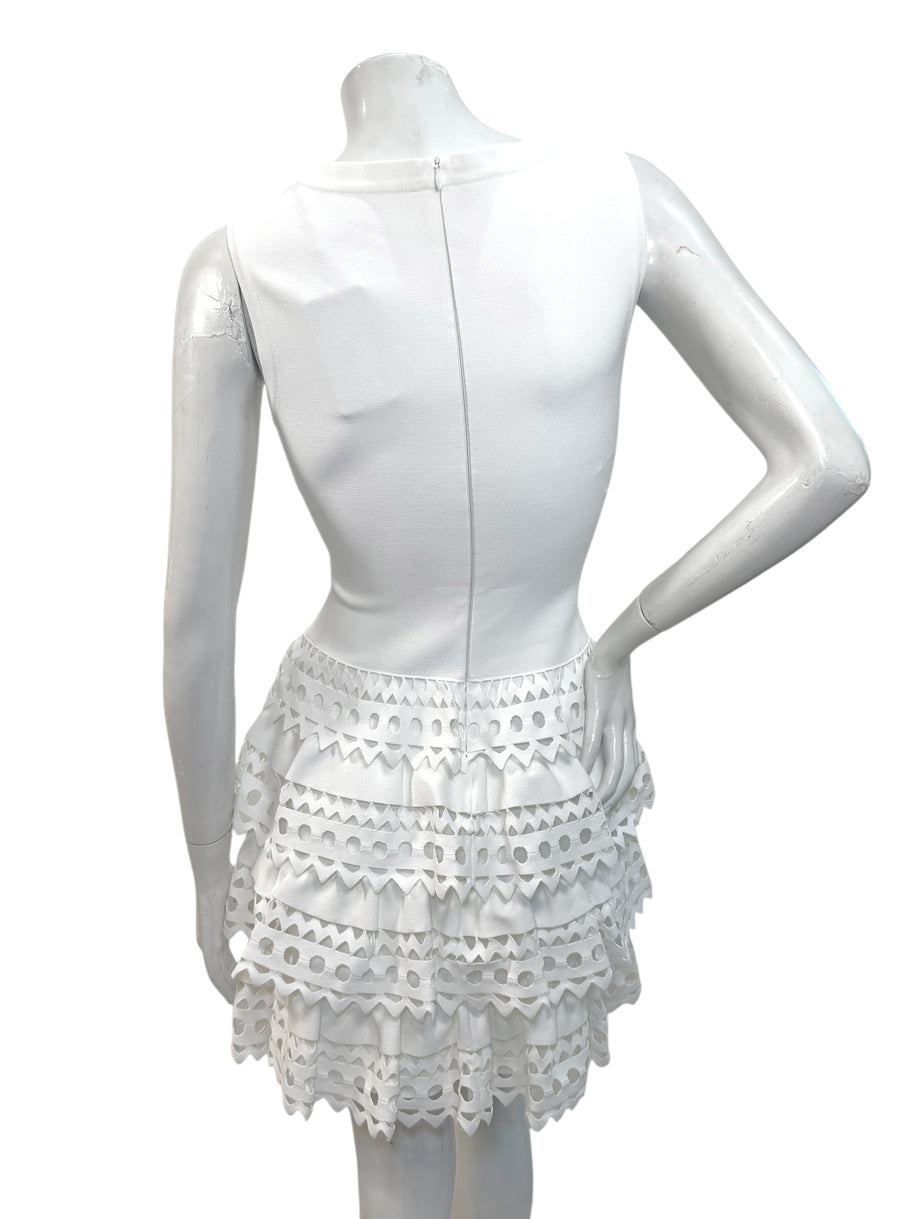 Alaïa Paris White Laser-Cut Ruffle Mini Dress FR 38 | Made in Italy