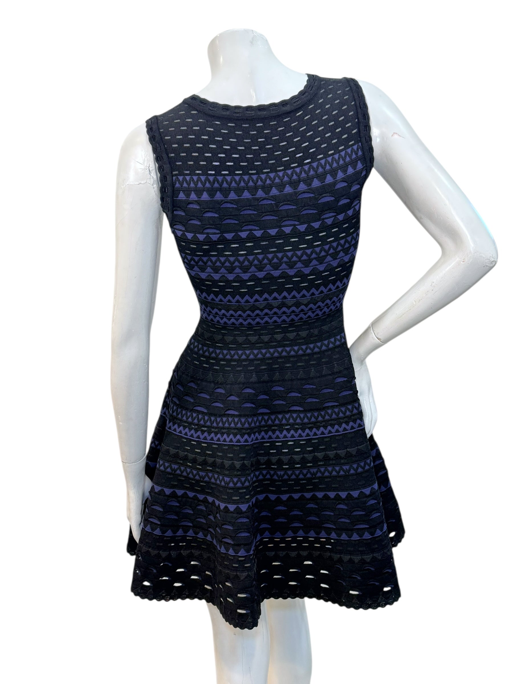 Alaïa Geometric Knit Fit-and-Flare Dress Black Indigo FR 38 Made in Italy